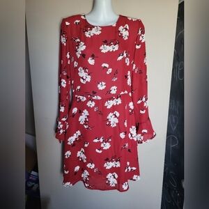 Dynamite Red Floral Long Sleeve Dress, Size Small